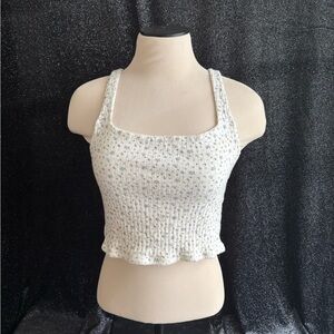 American Eagle White Floral Ribbed Cropped Tank Top